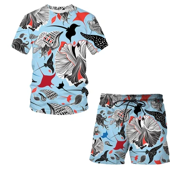  2021 Erkekler Yaz Plaj Takım Elbise Soyut hayvan Hawaiian Baskı Kısa Kollu + plaj şortu Streetwear Casual Erkek Takım Elbise 2 Adet