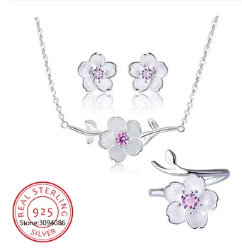  925 Ayar Gümüş Takı Setleri Romantik Kiraz Çiçekleri Çiçek Kolye+Küpe+Yüzük joyas de plata Kadınlar İçin