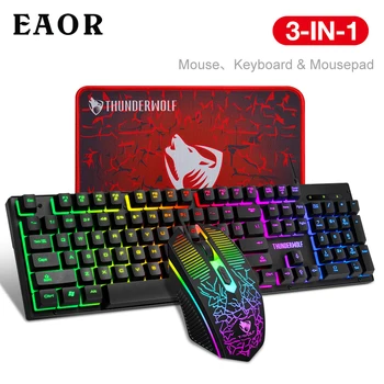  EAOR 3 adet Oyun Klavyesi + Fare + Mouse Pad Seti, RGB Parlayan Kablolu Oyun Klavye Mouse Combos Masaüstü Dizüstü PC Gamer için