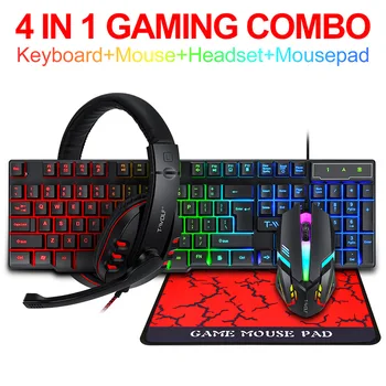  4 adet Oyun Klavyesi ve Fare Kulaklık Seti PC Oyun Klavyesi RGB Arkadan Aydınlatmalı Klavye Kauçuk Keycaps Kablolu İspanyolca Klavye Fare
