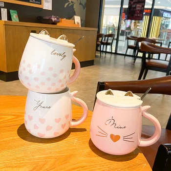  430ml Sevimli Kız Kedi kapaklı kupa ve Kaşık Kahve Fincanı Süt Çay Bardağı Kahvaltı Fincan Drinkware Çift Yenilik Hediyeler Kupalar