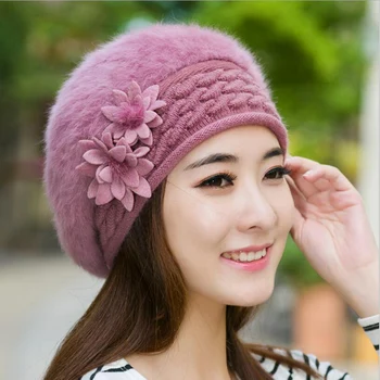  Yeni Varış Zarif Kadın örgü şapkalar Tavşan Kürk Kap Sonbahar Kış Şapka Bayanlar Kadın Moda Skullies Bere Şapka