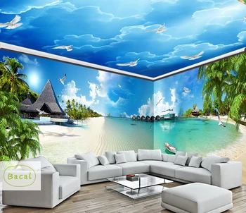  Bacal Özel Büyük Tavan Zenith Duvar Kağıdı 3D Stereo Mavi Gökyüzü Deniz Güneş Plaj duvar resmi Doğa Fotoğraf Duvar Kağıtları