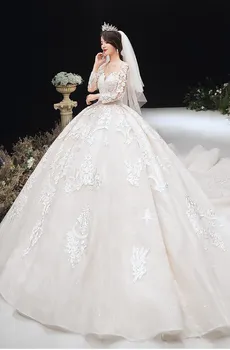  Dantel Gelinlik Uzun Kollu gelinlikler V Yaka Vestido De Novia Illusion Dantel Tül balo elbisesi Gerçek Robe de Mariage 2021