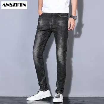  ANSZKTN Yeni Gelenler Men'swarm Kalın Kot Kış Yeni Stil İş Moda Slim Fit Streç Siyah Jean Pantolon