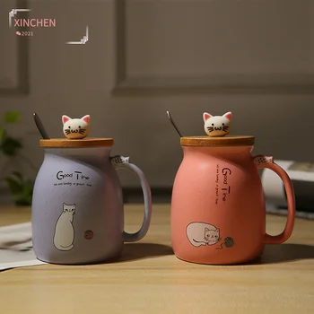  XİNCHEN Yaratıcı sevimli Kedi Kupa ısıya dayanıklı Karikatür kapaklı bardak ve Kaşık Kahve Seramik Kupalar Çocuk Fincan Drinkware Hediye