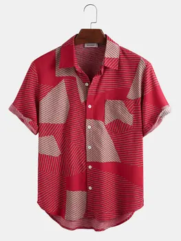 2022 Yaz Erkek Kısa Kollu Gömlek Büyük Boy Vintage Çizgili Gömlek Erkek Streetwear Pamuk Keten Nefes Bluzlar Erkekler Tee Tops