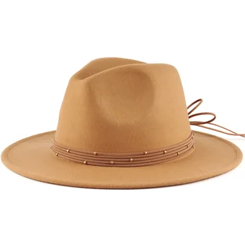  56-60cm Beyaz/BlackWide fötr şapka Şapka Kadın Erkek Taklit Yün Keçe Şapkalar Metal Zincir Dekor Panama Caz Chapeau şapka
