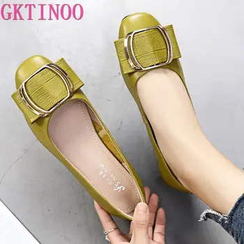  GKTINOO Marka Ayakkabı Kalın Topuk Bayanlar Pompaları Hakiki Deri Yuvarlak Ayak Renkli Kare Topuklu Parti El Yapımı Ayakkabı Kadın