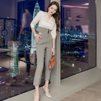  Kadınlar Şeffaf Bluz ve Korse Balıksırtı pantolon seti Yaz O-boyun Rahat Kore Kumaş Kıyafet Kadın Ofis İş İki Parçalı Set