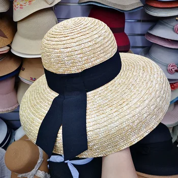  H7609 Yaz güneş şapkası Kadın Fransız Geniş Şerit Saman Büyük Ağız Havza Kap Kadın Plaj Seyahat Açık Güneşlik Güneş Koruyucu Şapkalar