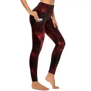  Galaxy Gökyüzü Tayt Cepler İle Kırmızı Uzay Baskı Grafik Yoga Pantolon Push Up Egzersiz Yoga Legging Kadınlar Seksi Sıkı spor pantolonları