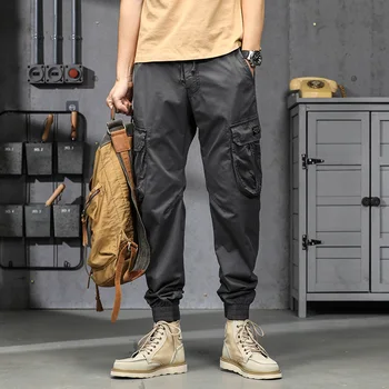  Erkek Pamuk Kargo Pantolon Sonbahar Nefes Düz Renk Pantolon Spor Streetwear Sweatpants Erkek Bahar İpli spor pantolonları