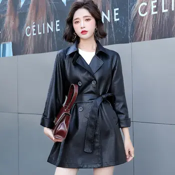  Rahat Deri Ceket Bayan Giyim 2022 İlkbahar Sonbahar Yeni Kore Kemer Bel Bayanlar Siyah PU Deri Ceket aq887