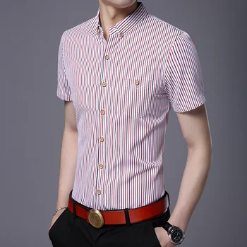  Fit Yeni Marka Yaz Aşağı İnce 2021 Düğme Erkek Gömlek Kore Kısa Kollu Çizgili Rahat Moda Erkek tasarımcı kıyafetleri