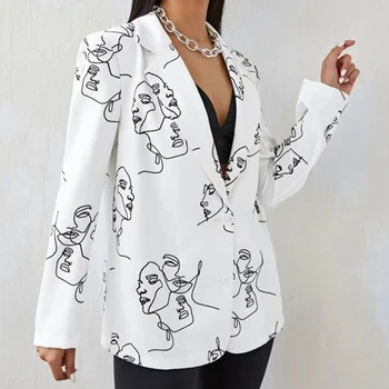  Beyaz Soyut Yüz Baskı Streetwear Blazer Kadın Ceket Tek Düğme Gevşek Zarif Ofis kadın mont İngiltere Şık Sonbahar Üst