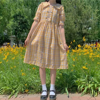  Güçlü kızın Kontrast Renk Ekose Elbise Japon Tatlı Yaz Yaşlanma Bebek Yaka Orta Uzunlukta Bluz Etek lolita elbise