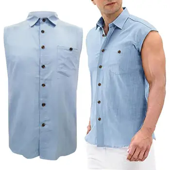  Erkek Gömlek Keten Karışımı Düz Renk Kolsuz Turn-aşağı Yaka Tüm Maç Basit Gömlek Yaz Casual Gömlek Üst camisa masculina