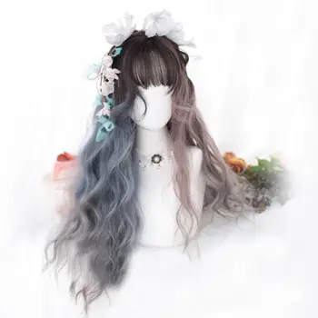  CosplayMix 75 CM cadılar bayramı partisi Lolita sevimli Kız uzun dalgalı mavi kül Mor Ombre saç ısıya dayanıklı sentetik Cosplay peruk + kap