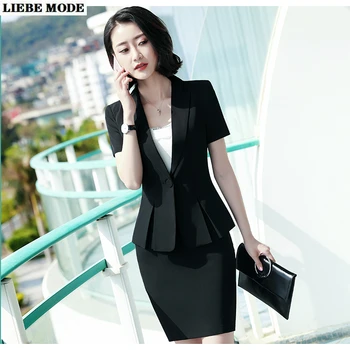  Blazer Ceket ve Etek Seti resmi kıyafet Kadınlar için Ofis İki Parçalı Kısa Kollu Fırfır Ceket Etek Ofis Yaz İş Elbisesi