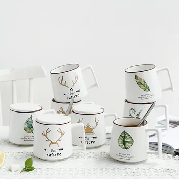  400ml Seramik Kahve Kupa Yaratıcı İskandinav Yaprakları Bitki Kahvaltı Fincan Siyah Rulo Jant Grip Kaşık Süt çay bardağı