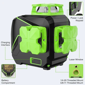  Huepar 12 satır 3D Çapraz çizgi lazer Seviyesi Kendini tesviye Yeşil Işın Dikey ve Yatay USB şarjlı Kullanımı Kuru li - ion pil
