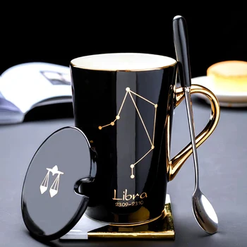  Seramik Kupalar 12 Takımyıldızları Yaratıcı Cam Kaşık Kapaklı Siyah ve Altın Porselen Zodyak Süt Kahve Fincanı Drinkware çay bardağı