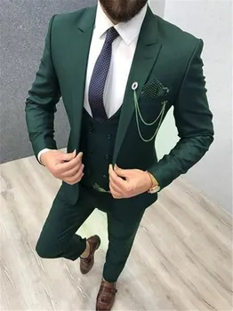  Yeşil Bir Düğme Damat Smokin En Iyi Erkek Sağdıç Ceket Pantolon Erkek Düğün Takımları Balo Blazer (Ceket + Pantolon + Yelek