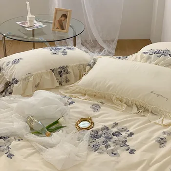  Perişan Çiçek Tam Kraliçe boyutu Kızlar için Premium %100 % Pamuk Vintage Yorgan yatak çarşaf kılıfı Yastık shams Fransız Ülke Ruffles