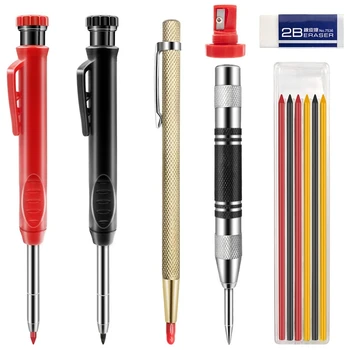  JFBL Sıcak 2 Marangoz Kalemler, 6 Marker Yedekler, Karbür Scriber Aracı, Otomatik Merkez Punch, Kauçuk, Dahili Kalemtıraş
