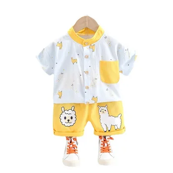 Yeni Yaz Bebek Erkek Giysileri Takım Elbise Çocuk Karikatür Pamuk Gömlek Şort 2 adet / takım Toddler Rahat Kostüm Bebek Çocuk Eşofman