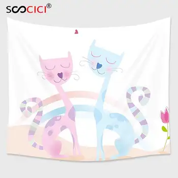  Cutom goblen duvar asılı, sevgililer dekor sevimli kediler aşk laleler ve kalpler ıllüstrasyon romantik tasarım bebek pembe ışık