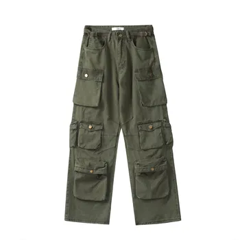  Erkekler Moda Çok cep Geniş bacak Kargo pantolon Sweatpants Rahat Tasarımcı Pantolon Hip Hop Streetwear Pantalones Yeşil Siyah