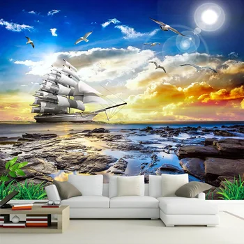  Özel 3D Duvar Resimleri Modern Sahil Manzara Günbatımı Yelkenli Fotoğraf Duvar Kağıdı Oturma Odası Yatak Odası TV Zemin Ev Dekor duvar bezi