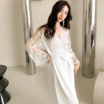  Dantel Uzun Kollu Bornoz Kadın Robe elbise Seksi Salonu Aşınma Kimono Gecelik Gevşek Ev Soyunma V Yaka Pijama Iç Çamaşırı