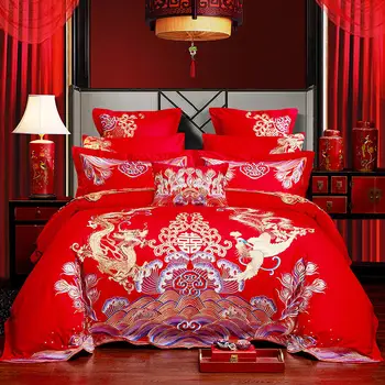  Lüks Altın Loong Phoenix Nakış Çin Düğün Kırmızı Pamuk Prenses nevresim takımı Yorgan yatak çarşaf kılıfı Keten Yastık Kılıfı