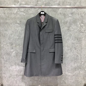  TB THOM Yün Takım Elbise Palto Sonbahar Kış Klasik 4-Bar Şerit erkek Ceketler Lüks Marka Gri Blazers Palto Uzun TB Takım Elbise Ceket