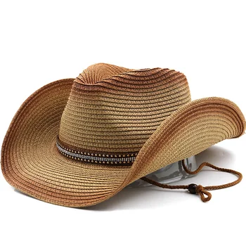  Hasır Yeni Erkek kovboy şapkaları Yaz Kadın Caz Şapka Kemer Haki Unisex İçi Boş Nefes Plaj Vintage Erkek Bayanlar Fedora şapka