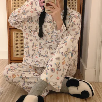  Pijama kadın Uzun Kollu Pantolon İlkbahar Sonbahar Kore Güzel Eğlence İki Parçalı Takım Elbise Ev Giysileri Kawaii Pijama Salonu setleri