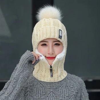  Kış kadın Örme Kapaklar Peluş Kazak Kulaklık Önlüğü Kap Sıcaklık Kaput Hivers Femme strickmütze Ponpon Kürk Sıcak Şapka