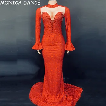  Seksi Bayan Zarif Düğün gece elbisesi Resmi Parti Kırmızı Rhinestone Uzun Kuyruk Elbise Doğum Günü Elbise Şarkıcı Sahne Performansı Giyim