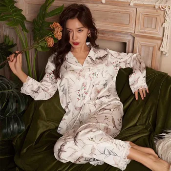  Jxgarb Çiçek Baskı Eğlence Bayan İlkbahar Sonbahar Dantel Saten Pijama Setleri Yumuşak İpeksi İki Adet Pijama Salonu Setleri Bayanlar İçin