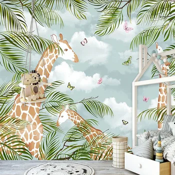  Özel Duvar Kağıdı 3D Karikatür Zürafa Yeşil Yapraklar Arka Plan duvar tablosu çocuk Yatak Odası Ev Dekor Papel De Parede