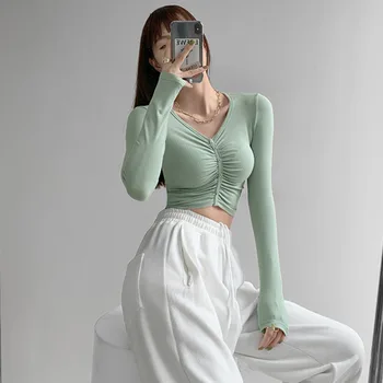  TVVOVVIN Bahar Sonbahar Pilili T-shirt Moda İnce Sıska Uzun Kollu Kısa Sıcak Seksi Kore Kadın Tees Tops Kış Taban N8SA