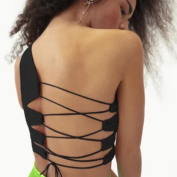  2021 Bir Omuz Moda Seksi Backless Lace Up Kırpma Üstleri Kadınlar için Yaz Bandaj Üst Kırpılmış Kolsuz Üst Katı