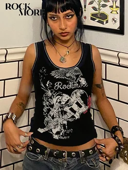  Rockmore Goth Retro Baskı Tankı Üstleri Kadın Y2K Streetwear Kadın Yaz Kolsuz İnce Tees Kore Grunge Fairycore Kıyafetler