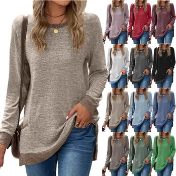  Kadın Sonbahar Kış T-shirt Moda O Boyun Renk Kontrast Cep Uzun Kollu Kazak Gömlek Gevşek günlük t-shirt Vintage Giyim