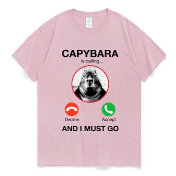  Capybara Çağırıyor ve Gitmeliyim T Shirt Telefon Grafik T-shirt Erkek Kadın Giyim %100 % Pamuk Kısa Kollu Büyük Boy Tees