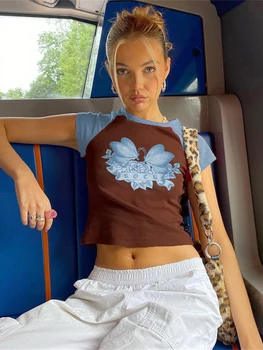  Habbris Yaz Streetwear Grafik T Shirt Kısa Kollu Tees Tops Kadınlar 2022 Baskı Üst O Boyun Baskı Eklenmiş Kırpma Üstleri Kadın