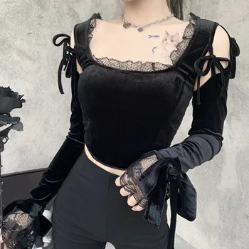 Uzun Kollu T Shirt Kadın Şık Estetik Bandaj Üstleri Oymak Goth Merkezi Goth Dantel Siyah Kırpma Üst Y2K Gotik Dantel Patchwork